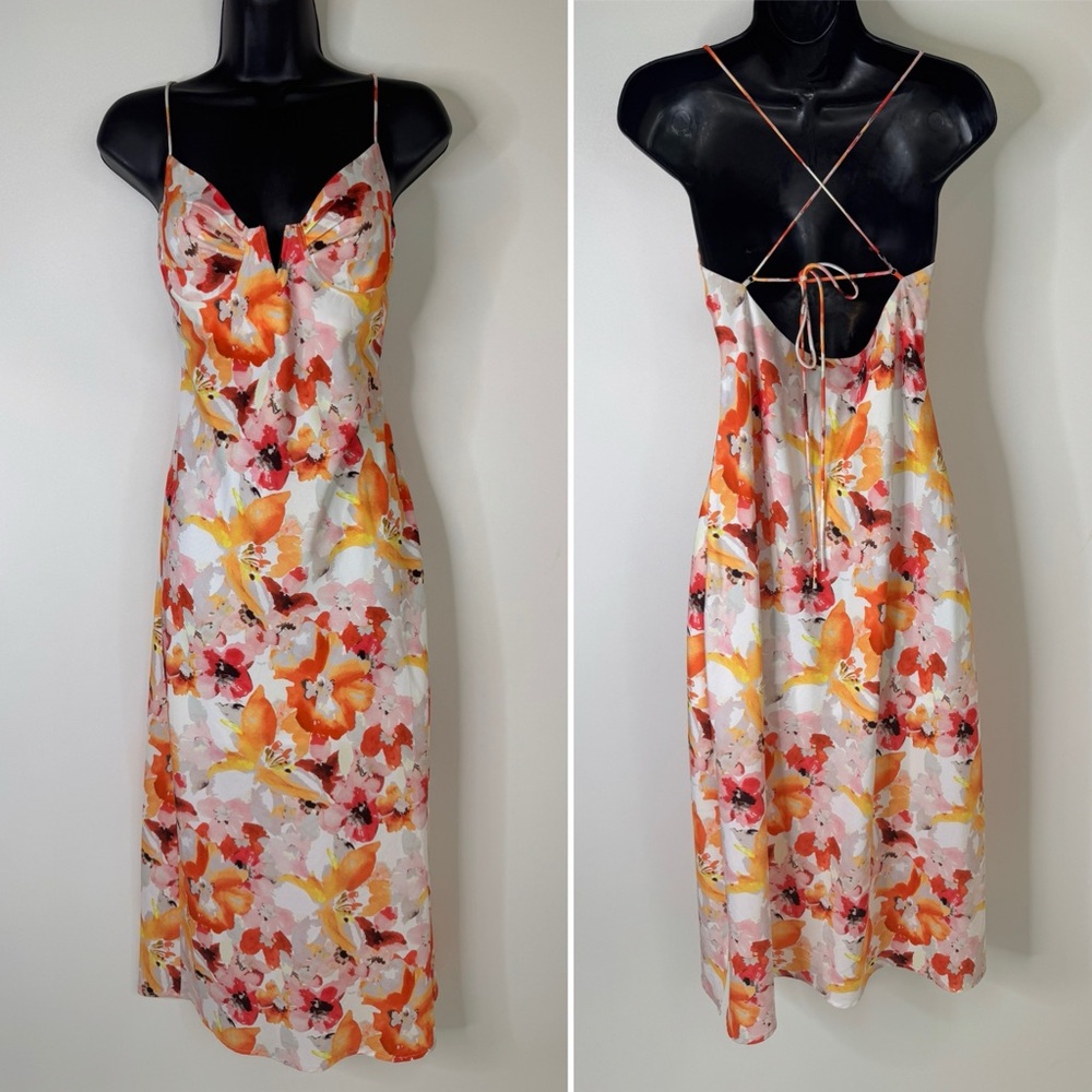 VICI floral-Print Satin Slip Midi Dress Small pink white orange tie back